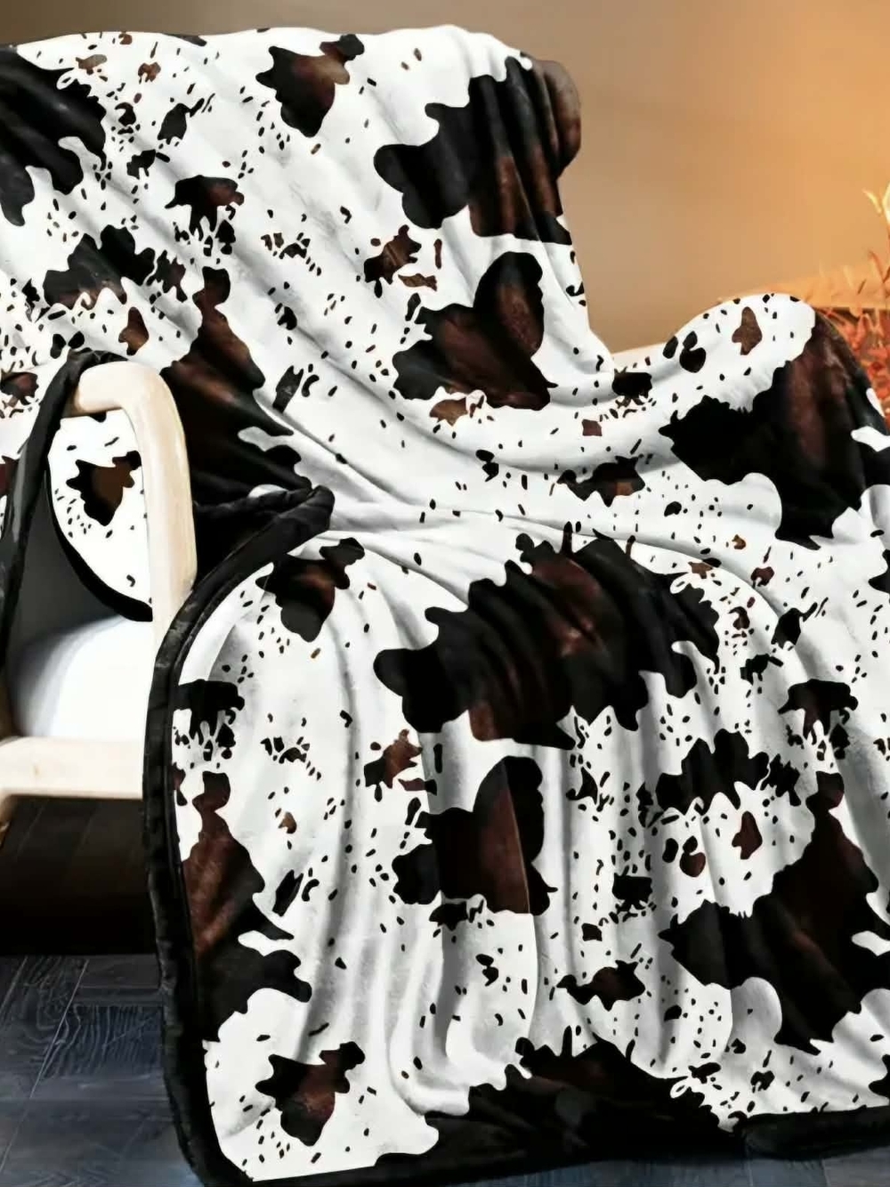 Cowhide-Print Plush Throw Blanket in White & Brown